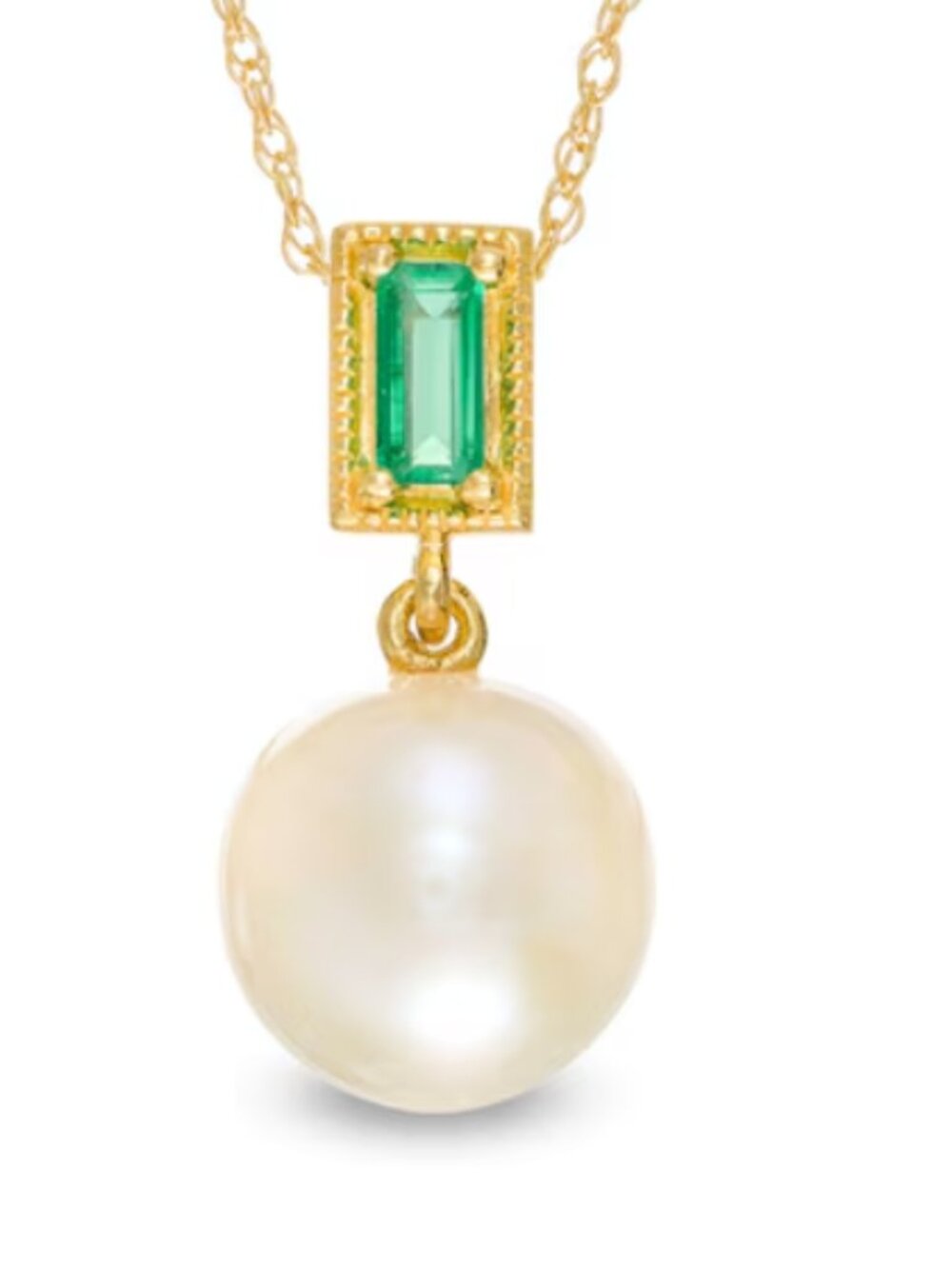 8.0mm Freshwater Cultured Pearl and Baguette Emerald Vintage-Style Drop Pendant